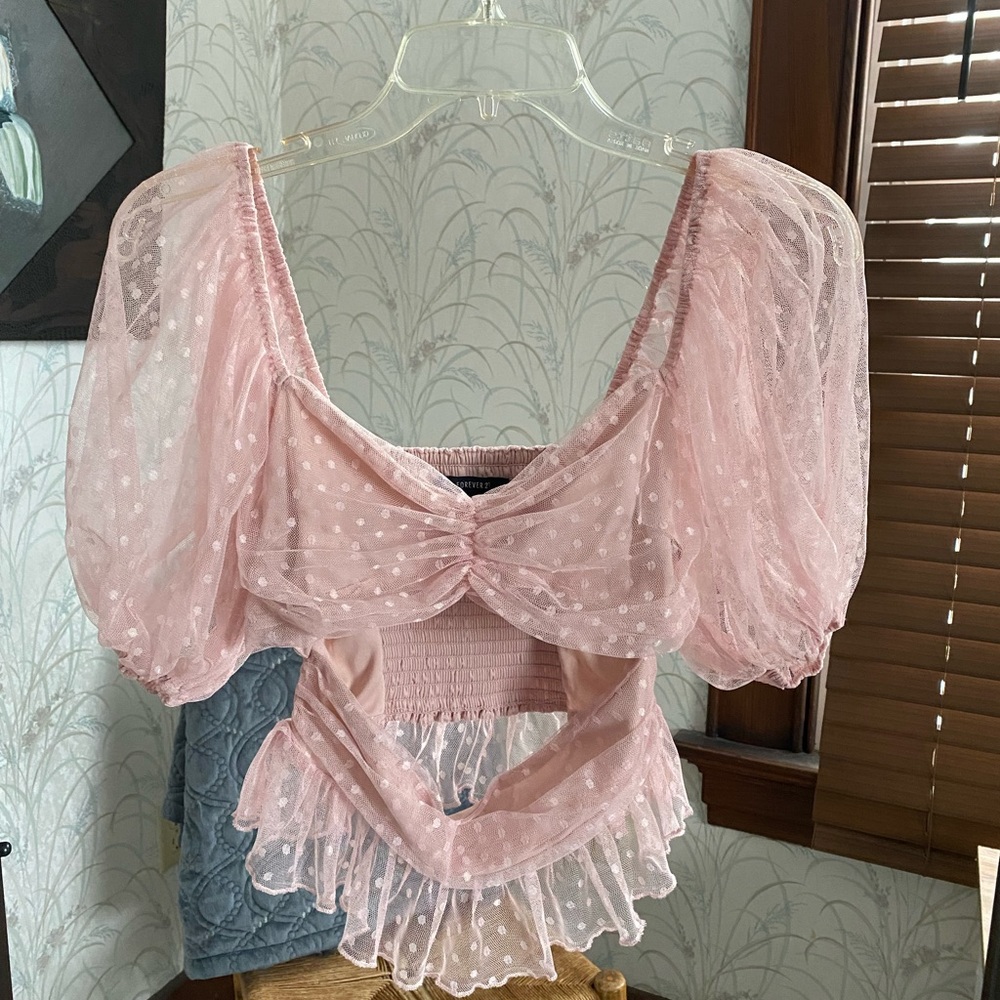 Blush mesh polka dot top
